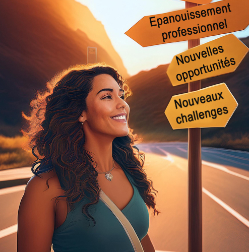 Femme souriante face à un panneau indiquant : épanouissement professionnel, nouvelles opportunités, nouveaux challenges.Symbolisant un bilan de compétences.